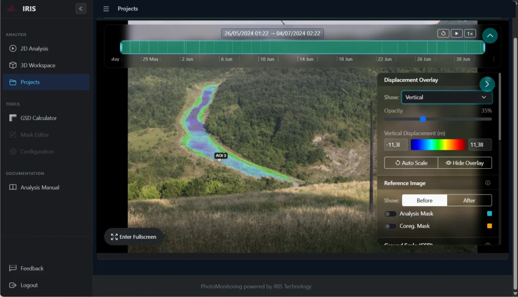 IRIS platform for PhotoMonitoring: displacement map of a monitored slope with the analysis results
