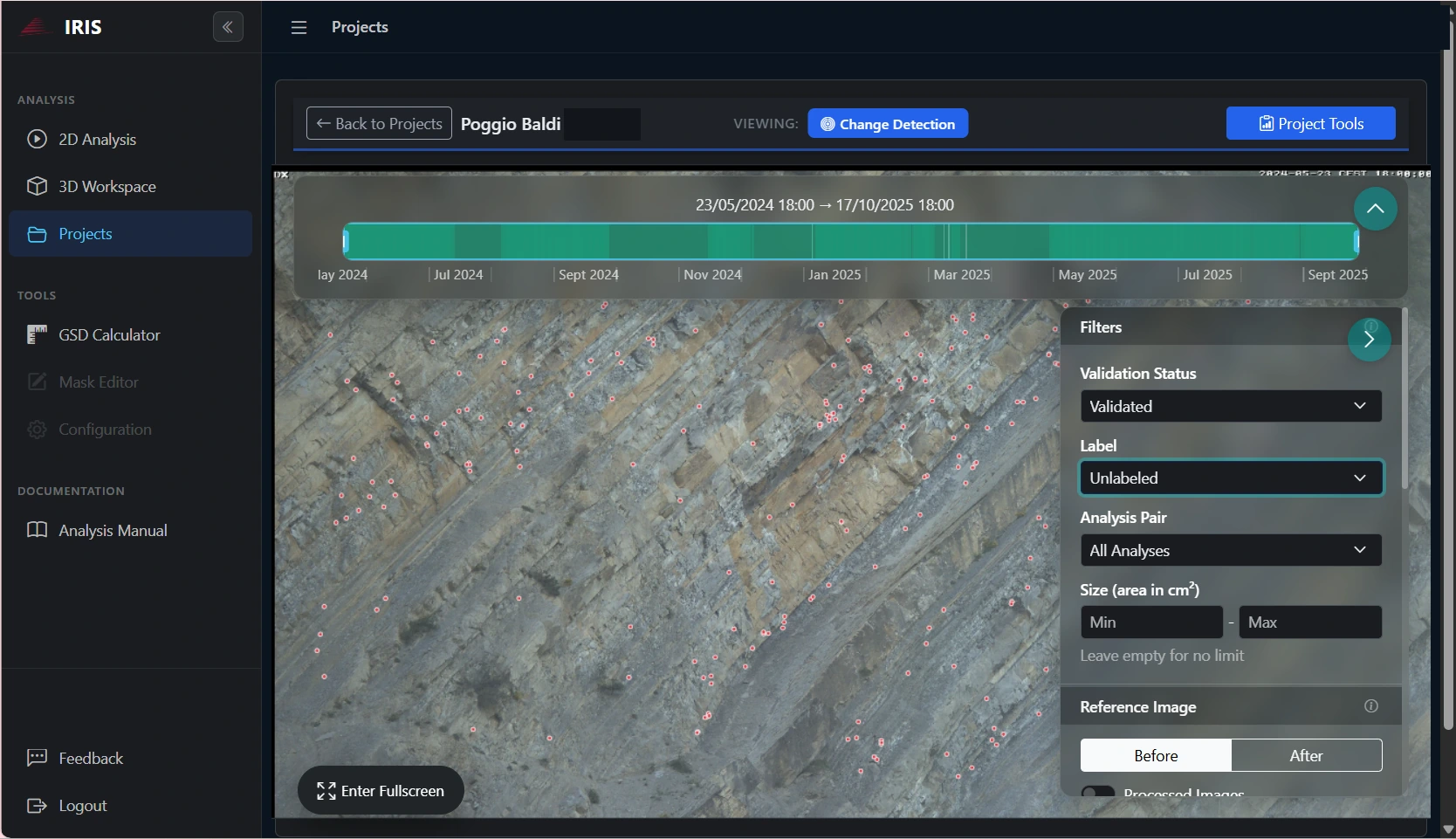 IRIS platform: automatic rockfall detection on the Poggio Baldi rock face, with each detection linked to the original imagery
